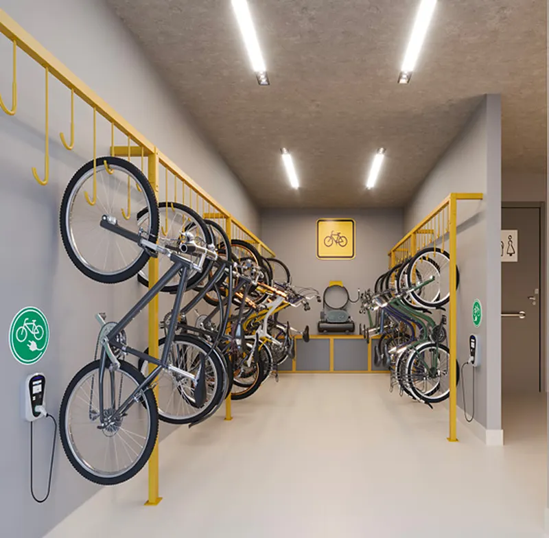 Bicicletário com recarga para bicicletas elétricas do Estação Botafogo Residencial