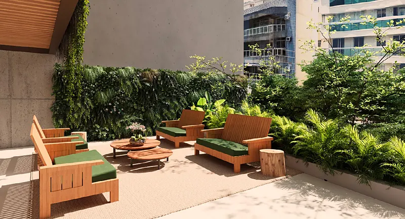 Área de convivência com jardim vertical do Estação Botafogo Residencial