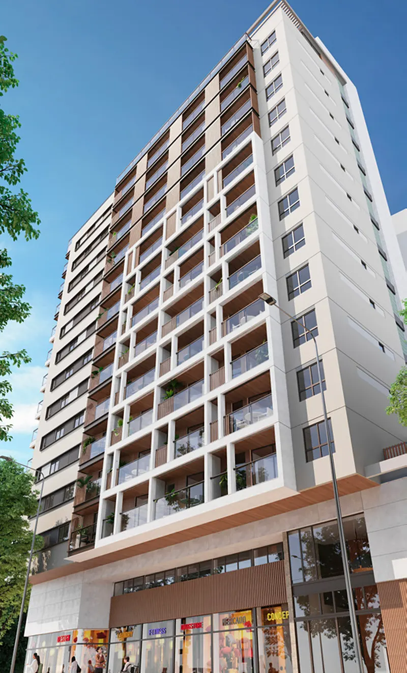 Torre do Estação Botafogo Residencial com varandas e lojas no térreo