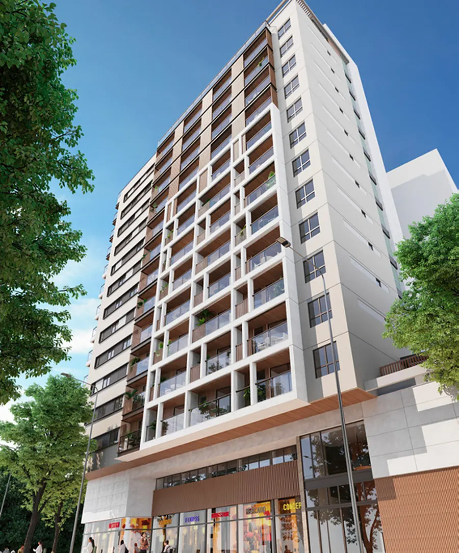 Fachada do Estação Botafogo Residencial na esquina da Rua São Clemente com a Rua Muniz Barreto