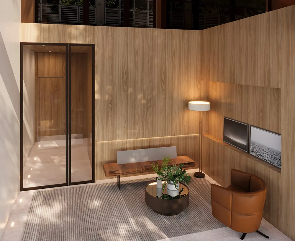 Lobby do Estação Botafogo Residencial com painéis de madeira, poltrona e eclusa de acesso