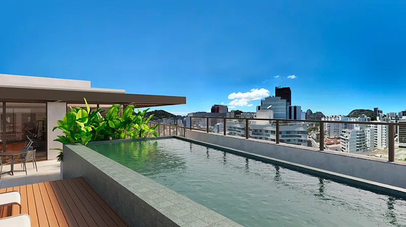 Piscina do rooftop do Estação Botafogo Residencial com vista para Botafogo