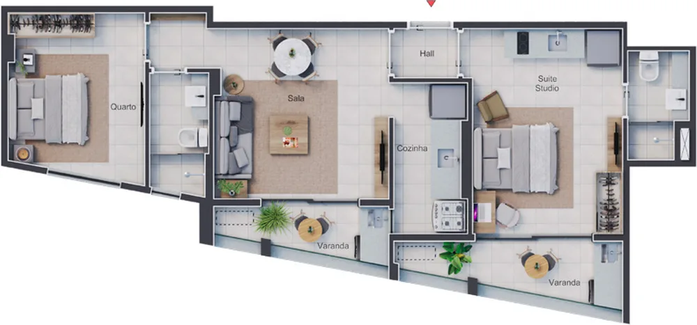 Planta do apartamento Double de 2 quartos do Estação Botafogo Residencial, final 02, com 63,84 m²