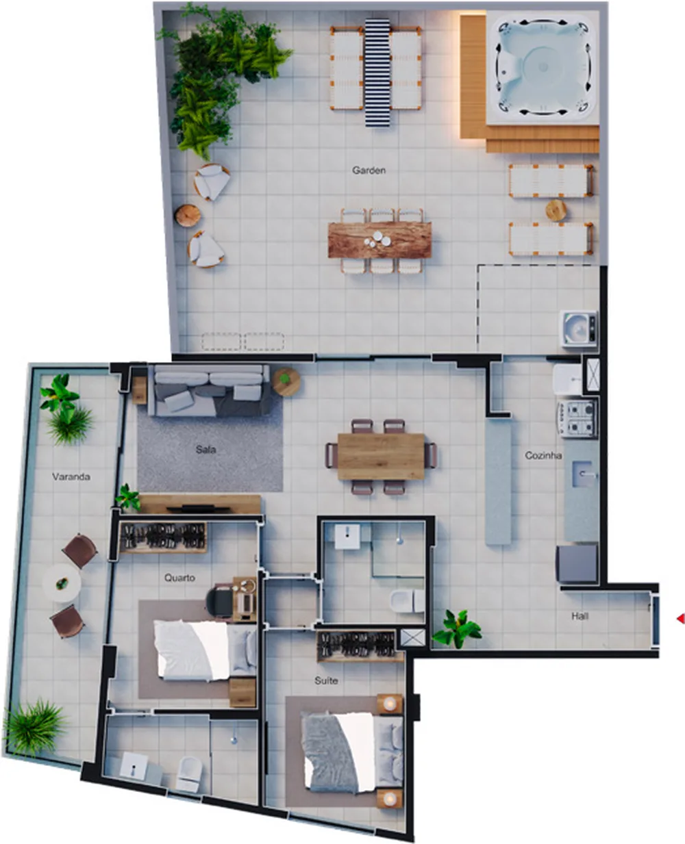 Planta do apartamento Garden de 2 quartos do Estação Botafogo Residencial, unidade 203, com 117,17 m²