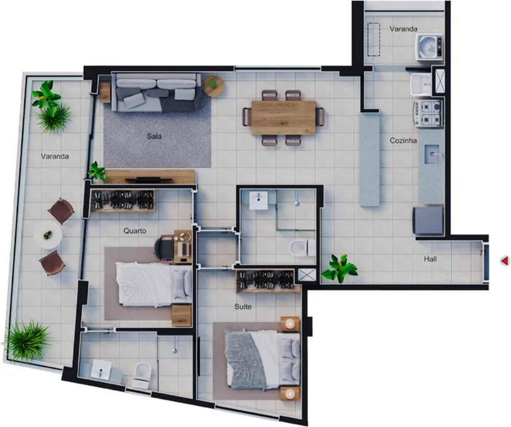 Planta do apartamento de 2 quartos do Estação Botafogo Residencial, final 03, com 73,03 m²