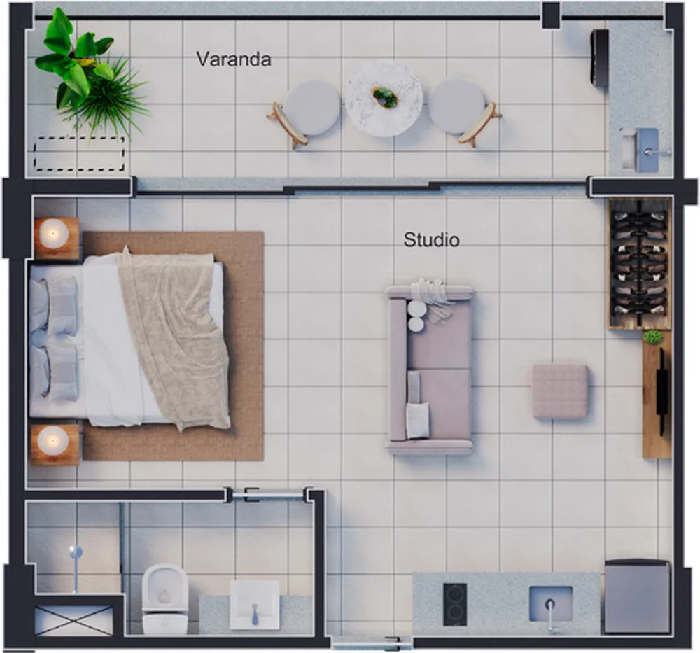Planta de um pavimento do dúplex Double Studios do Estação Botafogo Residencial, com studio e varanda