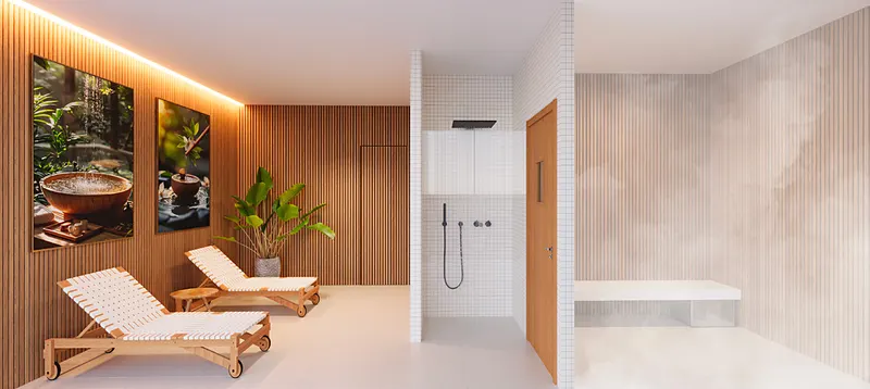 Sauna e espaço repouso do Estação Botafogo Residencial